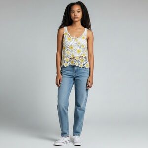 Altar’d State Women’s White Yellow Daisy Crochet Tank Top XL